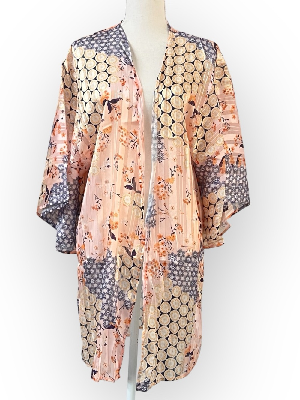 Chiffon Navy Blue and White Neutral Dot Floral Boho Printed Kimono OS